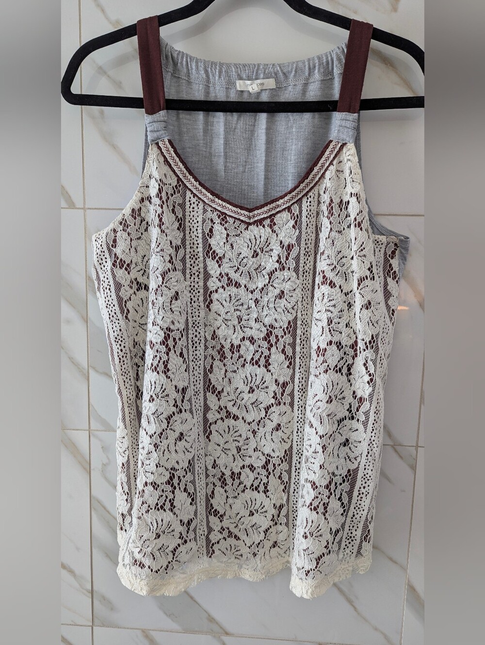 Lady's Lace Overlay Tank Top in Cream and Reddish-Brown